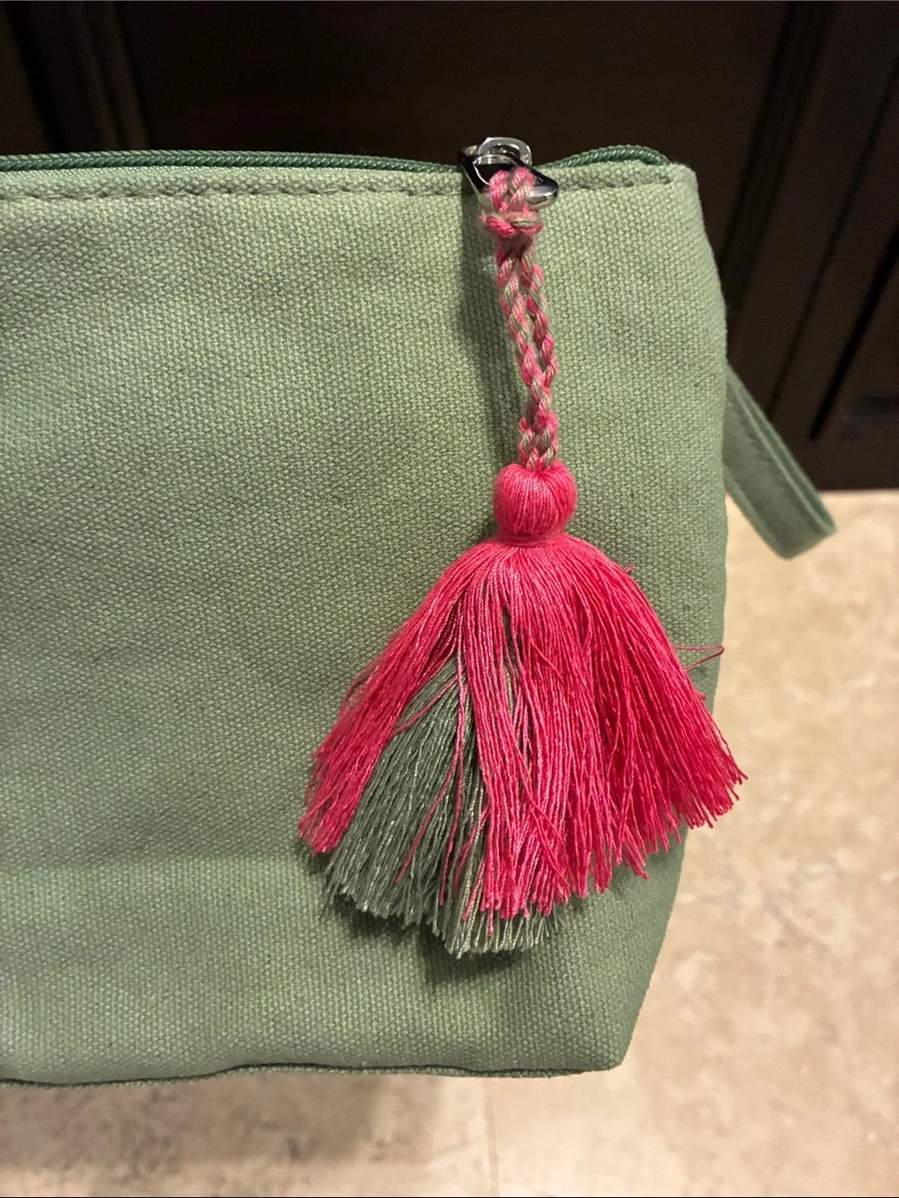 Green Canvas 'Love Me' Cosmetic Pouch with Pink Tassel